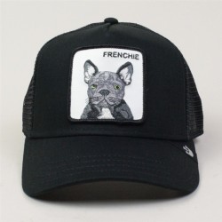 Frenchie Bulldog black Trucker, patch ricamata frontale con Bulldog francese su base bianca.